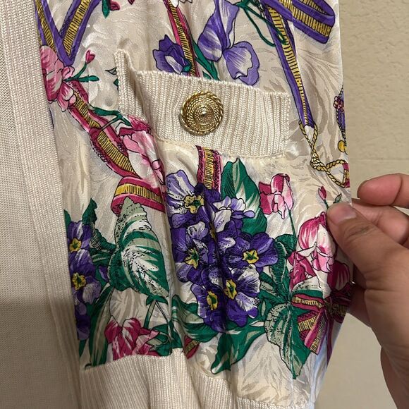 VTG Diane Freis Open Front Cardigan Mix Media Floral Rayon Silk Long Line Large - Picture 5 of 8